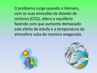 O problema surge quando o Homem,
com as suas emissões de dióxido de
carbono (CO2), altera o equilíbrio
fazendo com que aumente demasiado
este efeito de estufa e a temperatura da
atmosfera suba de maneira exagerada.
 