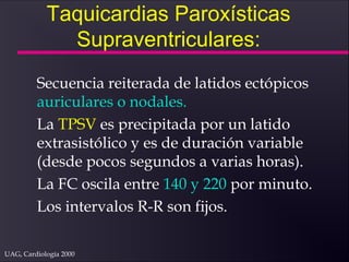 UAG, Cardiología 2000
Taquicardias Paroxísticas
Supraventriculares:
Secuencia reiterada de latidos ectópicos
auriculares o nodales.
La TPSV es precipitada por un latido
extrasistólico y es de duración variable
(desde pocos segundos a varias horas).
La FC oscila entre 140 y 220 por minuto.
Los intervalos R-R son fijos.
 