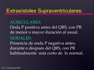 UAG, Cardiología 2000
Extrasístoles Supraventriculares:
AURICULARES:
Onda P positiva antes del QRS, con PR
de menor o mayor duración al usual.
NODALES:
Presencia de onda P negativa antes,
durante o después del QRS, con PR
habitualmente más corto de lo normal.
 