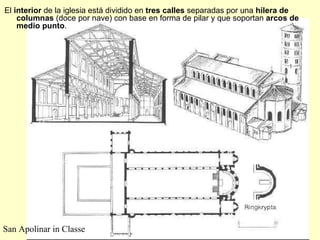 San Apolinar in Classe El  interior  de la iglesia está dividido en  tres calles  separadas por una  hilera de columnas  (doce por nave) con base en forma de pilar y que soportan  arcos de medio punto . 