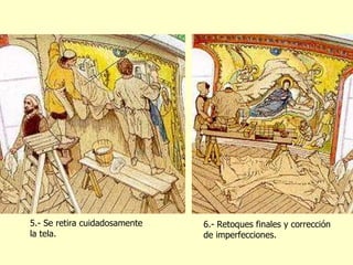 5.- Se retira cuidadosamente la tela. 6.- Retoques finales y corrección de imperfecciones. 
