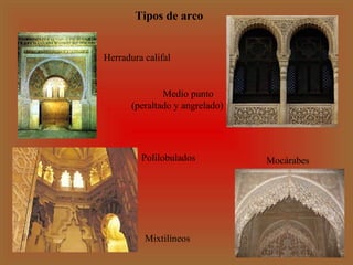 Tipos de arco

Herradura califal

Medio punto
(peraltado y angrelado)

Polilobulados

Mixtilíneos

Mocárabes

 