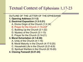 Textual Context of Ephesians 1,17-23
OUTLINE OF THE LETTER OF THE EPHESIANS
1. Opening Address (1:1-2)
2. Doctrinal Exposition (1:3-3:21)
    A. Divine Origin of the Church (1:3-14)
    B. Prayer for the Church (1:15-23)
    C. Building Up the Church (2:1-22)
    D. Mystery of the Church (3:1-13)
    E. Prayer for the Church (3:14-21)
3. Moral Exhortation (4:1-6:20)
    A. Unity of the Church (4:1-16)
    B. Moral Maturity in the Church (4:17-5:20)
    C. Household Life in the Church (5:21-6:9)
    D. Spiritual Warfare in the Church (6:10-20)
4. Closing Farewell (6:21-24)
 