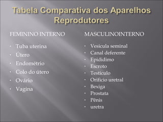 FEMININO INTERNO MASCULINOINTERNO Tuba uterina Útero Endométrio Colo do útero  Ovário Vagina  Vesicula seminal Canal deferente  Epididimo Escroto Testiculo Orificio uretral Bexiga Prostata Pênis uretra 