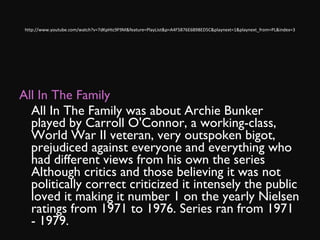 http://www.youtube.com/watch?v=7dKpHtc9F9M&feature=PlayList&p=A4F5B76E6B98ED5C&playnext=1&playnext_from=PL&index=3 All In The Family All In The Family was about Archie Bunker played by Carroll O'Connor, a working-class, World War II veteran, very outspoken bigot, prejudiced against everyone and everything who had different views from his own the series Although critics and those believing it was not politically correct criticized it intensely the public loved it making it number 1 on the yearly Nielsen ratings from 1971 to 1976. Series ran from 1971 - 1979. 