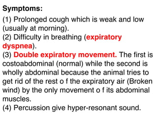 Symptoms:
(1) Prolonged cough which is weak and low
(usually at morning).
(2) Difﬁculty in breathing (expiratory
dyspnea).
(3) Double expiratory movement. The ﬁrst is
costoabdominal (normal) while the second is
wholly abdominal because the animal tries to
get rid of the rest o f the expiratory air (Broken
wind) by the only movement o f its abdominal
muscles.
(4) Percussion give hyper-resonant sound.
 
