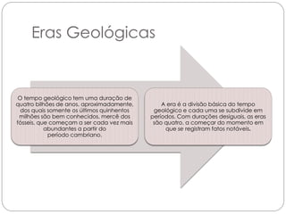 Eras Geológicas


 O tempo geológico tem uma duração de
quatro bilhões de anos, aproximadamente,        A era é a divisão básica do tempo
  dos quais somente os últimos quinhentos    geológico e cada uma se subdivide em
 milhões são bem conhecidos, mercê dos      períodos. Com durações desiguais, as eras
fósseis, que começam a ser cada vez mais     são quatro, a começar do momento em
           abundantes a partir do                que se registram fatos notáveis.
            período cambriano.
 