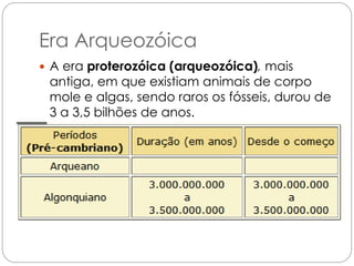 Era Arqueozóica
 A era proterozóica (arqueozóica), mais
 antiga, em que existiam animais de corpo
 mole e algas, sendo raros os fósseis, durou de
 3 a 3,5 bilhões de anos.
 