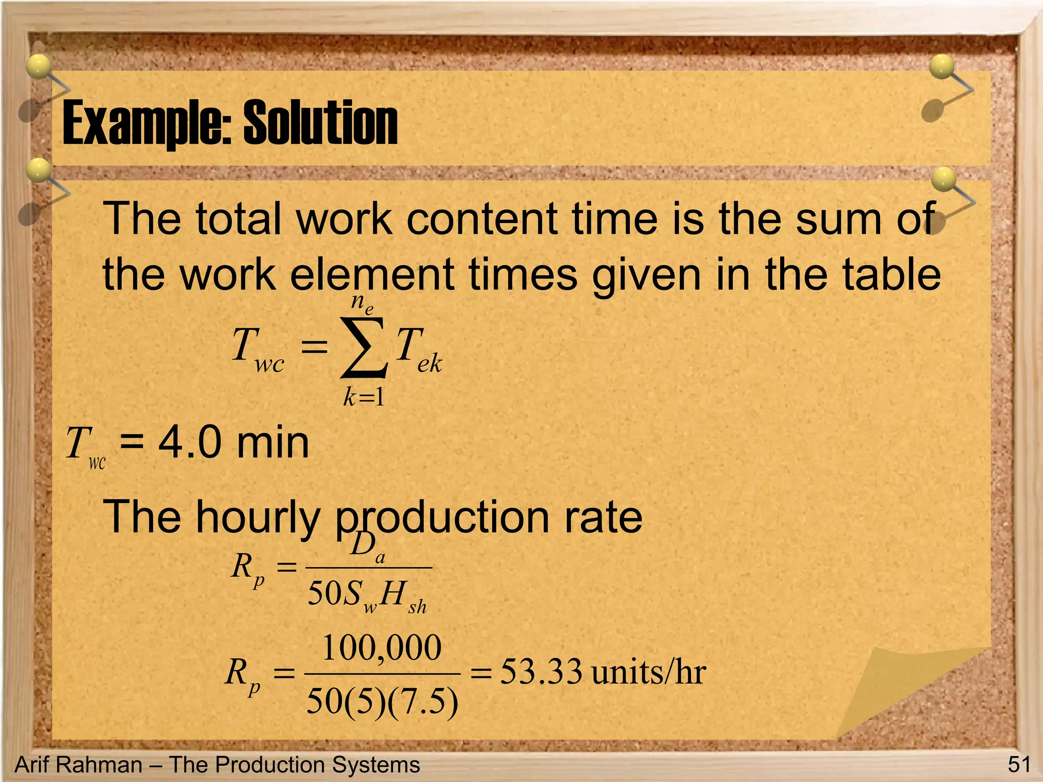 Arif Rahman – The Production Systems
The total work content time is the sum of
the work element times given in the table
Twc = 4.0 min
The hourly production rate
Example: Solution
51
units/hr33.53
)5.7)(5(50
000,100
==pR
∑=
=
en
k
ekwc TT
1
shw
a
p
HS
D
R
50
=
 