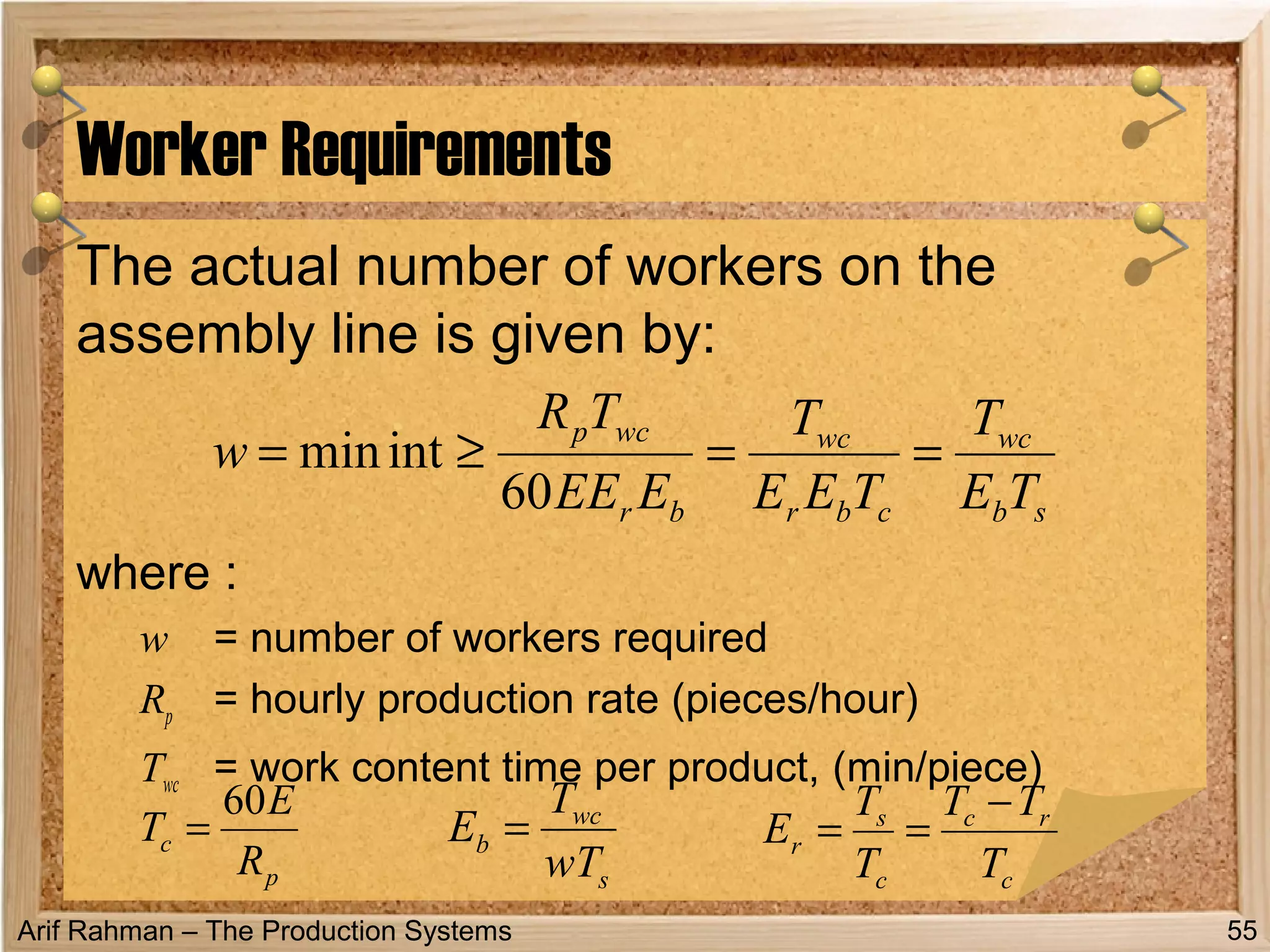 Arif Rahman – The Production Systems
The actual number of workers on the
assembly line is given by:
where :
w = number of workers required
Rp = hourly production rate (pieces/hour)
Twc = work content time per product, (min/piece)
Worker Requirements
55
c
rc
c
s
r
T
TT
T
T
E
−
==
s
wc
b
wT
T
E =
sb
wc
cbr
wc
br
wcp
TE
T
TEE
T
EEE
TR
w ==≥=
60
intmin
p
c
R
E
T
60
=
 
