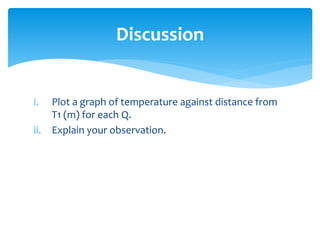 i. Plot a graph of temperature against distance from
T1 (m) for each Q.
ii. Explain your observation.
Discussion
 