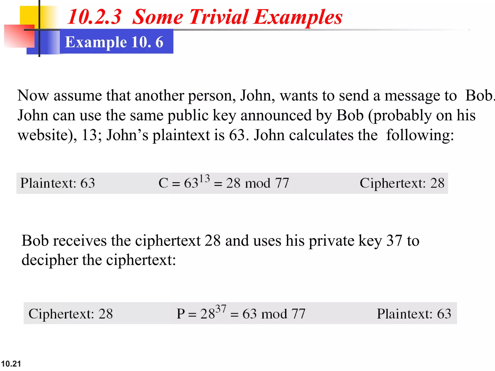 10.2.3 Some Trivial Examples
Example 10. 6
Now assume that another person, John, wants to send a message to Bob.
John can use the same public key announced by Bob (probably on his
website), 13; John’s plaintext is 63. John calculates the following:
Bob receives the ciphertext 28 and uses his private key 37 to
decipher the ciphertext:
10.21
 