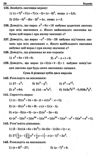 58 Вправа
135. Знайдіть значення виразу:
1) (х +7)2+2(х + 7)(х-5)+ (х-5)2, я к щ о лг= 3*5;
2) (10х-5)2-(8 х -3 )2+4х, якщо *=3.
136. Доведіть, що вираз х2+8х +18 набуває додатних значень
при всіх значеннях х. Якого найменшого значення на­
буває цей вираз і при якому значенні х?
137. Доведіть, що вираз - х 2- 10л:-28 набуває від’ємних зна­
чень при всіх значеннях х. Якого найбільшого значення
набуває цей вираз і при якому значенні х?
138. Доведіть, що рівняння не має коренів:
1) х2+6*+10 = 0; 2) х 2- х +1 = 0.
139.Доведіть, що вираз (а+Ь)(а +Ь-2) +1 набуває невід’єм­
них значень при будь-яких значеннях змінних.
Сума й різниця кубів двох виразів
140. Розкладіть на множники:
1) 2 7 -х 3; 3)8х3- у 3; 5)Ь9+а12;
2) а3+64; 4) 2 1 6 -т 3л3; 6) 343а6Ь15-0,008х9г/3.
141. Спростіть вираз:
1) (х -2 )(х 2+2х +4)-(1 +х)(х2- х +1);
2) (х - 3) (х2+Зх+ 9)- х (х +1) (х -1);
3) а(а-3)(а+ 3)-(а +2)(а2-2а +4);
4) (а2-1)(а2+1)(а48+1)(а12+1)(а24+1)(а4- а2+1)(а4+ а2+1).
142. Розв’яжіть рівняння:
1) (2- Зх) (4 +6х +9х2)+Зх (Зх-1) (Зх+1) = х;
2) 27(|х - і)(іх 2+|х +1)- х (х - 1)2= 2х2.
143. Розкладіть на множники:
1) (а +З)3-27; 2) (а-7)3+8.
 