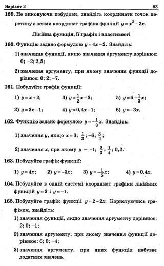 Варіант 2 63
159. Не виконуючи побудови, знайдіть координати точок пе­
ретину з осями координат графіка функції у = х2- 2х.
Лінійна функція, її графік і властивості
160. Функцію задано формулою у = 4х-2. Знайдіть:
1) значення функції, якщо значення аргументу дорівнює:
0; -2; 2,5;
2) значення аргументу, при якому значення функції до­
рівнює: 0; 2; -7,
161. Побудуйте графік функції:
1) у = х + 2; 3) у =^ х -3 ; 5) у =6 -^ х ;
2) у =3ас—1; 4) у =0,4х-1; 6) у=-3х.
162. Функцію задано формулою у - ~ х . Знайдіть:
З
1) значення у, якщо х - 3 ; ^ ; ~6; ^ ;
О £к
2) значення х, при якому у —- 1; ~ 1 ; 0,2.'
163. Побудуйте графік функції:
1) У~4х; 2 )у =-3х; 3) у~ -^ х ; 4) у =0,4х.
164. Побудуйте в одній системі координат графіки лінійних
функцій у = 3 і у = - 1.
165. Побудуйте графік функції у -2 -2 х . Користуючись гра­
фіком, знайдіть:
1) значення функції, якщо значення аргументу дорівнює:
2; 0; - 1;
2) значення аргументу, при якому значення функції до­
рівнює: 6; 0; -4;
3) значення аргументу, при яких функція набуває
додатних значень.
 