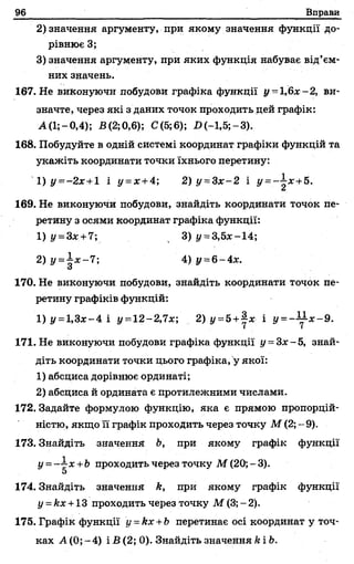 96 Вправи
2) значення аргументу, при якому значення функції до­
рівнює 3;
3) значення аргументу, при яких функція набуває від’єм­
них значень.
167. Не виконуючи побудови графіка функції у =1,6* -2, ви­
значте, через які з даних точок проходить цей графік:
-А(1; —0,4); В(2;0,6); С(5;6); D (-l,5;-3).
168. Побудуйте в одній системі координат графіки функцій та
укажіть координати точки їхнього перетину:
1) у=-2х+1 і у = х+4; 2) у~ З х-2 і у = ™ х+5.
а
169. Не виконуючи побудови, знайдіть координати точок пе­
ретину з осями координат графіка функції:
1) у =3* +7; 3) у =3,5*-14;
2 )у =| * -7 ; 4) у =б-4х.
170. Не виконуючи побудови, знайдіть координати точок пе­
ретину графіків функцій:
1) у = 1,3*-4 і у =12-2,7х; 2) у= 5+у* і у = - ^ х - 9 .
171. Не виконуючи побудови графіка функції у = 3* - 5, знай­
діть координати точки цього графіка, у якої:
1) абсциса дорівнює ординаті;
2) абсциса й ордината є протилежними числами.
172. Задайте формулою функцію, яка є прямою пропорцій­
ністю, якщо її графік проходить через точку М (2; - 9).
173. Знайдіть значення Ь, при якому графік функції
у = - х +Ь проходить через точку М (20; - 3).
5
174. Знайдіть значення k, при якому графік функції
у =kx +13 проходить через точку М (3; - 2).
175. Графік функції y =kx +b перетинає осі координат у точ­
ках А (0; - 4) і Б (2; 0). Знайдіть значення k і Ь.
 