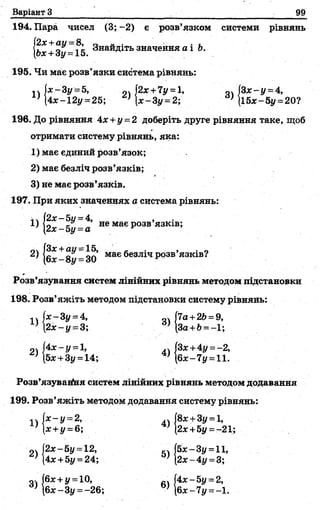 Варіант 3________ 1_________ , 99
194. Пара чисел (3; -2) є розв’язком системи рівнянь
(fex+Зу-15 Змаліть значення а і Ь.
195. Чи має розв’язки система рівнянь:
1v jx -3 y =5, 9, (2х +7у = 1, оч /З х-у = 4,
> (4х-12у =25; ' {х-3у=2; й) {15х-5у = 20?
196. До рівняння 4х +у = 2 доберіть друге рівняння таке, щоб
отримати систему рівнянь, яка:
1) має єдиний розв’язок;
2) має безліч розв’язків;
3) не має розв’язків.
197. При яких значеннях а система рівнянь:
^ |2х - 5у = а не має розв’язків;
|бх-8у = Зо' має безліч розв’язків?
Розв’язування систем лінійних рівнянь методом підстановки
198. Розв’яжіть методом підстановки систему рівнянь:
1Л х-З у = 4, /7а+2Ь = 9,
2х-у =3; ° } За+Ь= -1;
04 І4х-у = 1, (Зх+4у =-2,
(5х+3у = 14; бх-7у =11.
Розв’язувався систем лінійних рівнянь методом додавання
199. Розв’яжіть методом додавання систему рівнянь:
1)
х - у = 2, 4.4(8х +3у = 1,
з:+і/=г6: ^)2г +й» =-91‘х +у =6; (2х+5у = -21;
2х-5у = 12, к-» (5х-3у =11,
4х +5у = 24; |2х-4у = 3;
о-, (бх + у = 10, (4х-5у = 2,
’ бх-Зу = -26; ° } 6x-7y = -1.
 