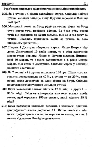 Варіант З 101
Розв’язування задач за допомогою систем лінійних рівнянь
205. За 5 ручок і 4 олівці заплатили 50 гри. Скільки коштує
ручка і скільки олівець, якщо 3 ручки дорожчі за 2 олівці
на 8гри?
206. Моторний човен за 2 год руху за течією річки та 5 год
руху проти течії пройшов 120 км. За 7 год руху проти
течії він пройшов на 52 км більше, ніж за 3 год руху за
течією. Знайдіть швидкість човна за течією та його
швидкість проти течії.
207. Петрик і Дмитрик збирають марки. Якщо Петрик від­
дасть Дмитрикові 10 своїх марок, то в обох хлопчиків
марок стане порівну. Якщо ж Петрик віддасть Дмитри­
кові 50 марок, то в нього залишиться в 5 разів менше
марок, ніж стане в Дмитрика. Скільки марок у колекції
кожного хлопчика?
208. За 7 зошитів і 4 ручки заплатили 130 грн. Після того як
зошити подешевшали на 40 %, а ручки — на 20 %, одна
ручка стала дорожчою за один зошит на 6грн. Скільки
коштував спочатку зошит і скільки ручка?
209. Один металевий зливок містить 12% міді, р другий —
ЗО % міді. Скільки кілограмів кожного зливка треба
взяти, щоб отримати 180 кг сплаву, який містить 25 %
міді?
210. Сума подвоєної кількості десятків і кількості одиниць
двоцифрового числа дорівнює 11. Якщо поміняти міс*
цями цифри цього числа, то отримаємо число, яке на 9
менше від даного. Знайдіть дане число.
 
