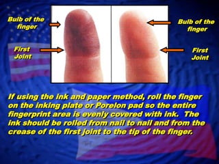 The individual usually stands to the right and rear of the person taking fingerprintsThe individual being fingerprinted should be asked to stand in front of and at a forearm’s length from the fingerprinting device