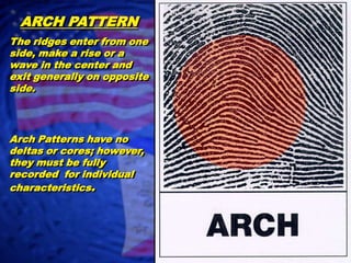 ARCH PATTERN The ridges enter from one side, make a rise or a wave in the center and exit generally on opposite side.Arch Patterns have no deltas or cores; however, they must be fully recorded  for individual  characteristics.
