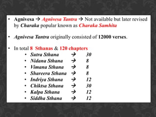 • Agnivesa  Agnivesa Tantra  Not available but later revised
by Charaka popular known as Charaka Samhita
• Agnivesa Tantra originally consisted of 12000 verses.
• In total 8 Sthanas & 120 chapters
• Sutra Sthana  30
• Nidana Sthana  8
• Vimana Sthana  8
• Shareera Sthana  8
• Indriya Sthana  12
• Chiktsa Sthana  30
• Kalpa Sthana  12
• Siddha Sthana  12
 