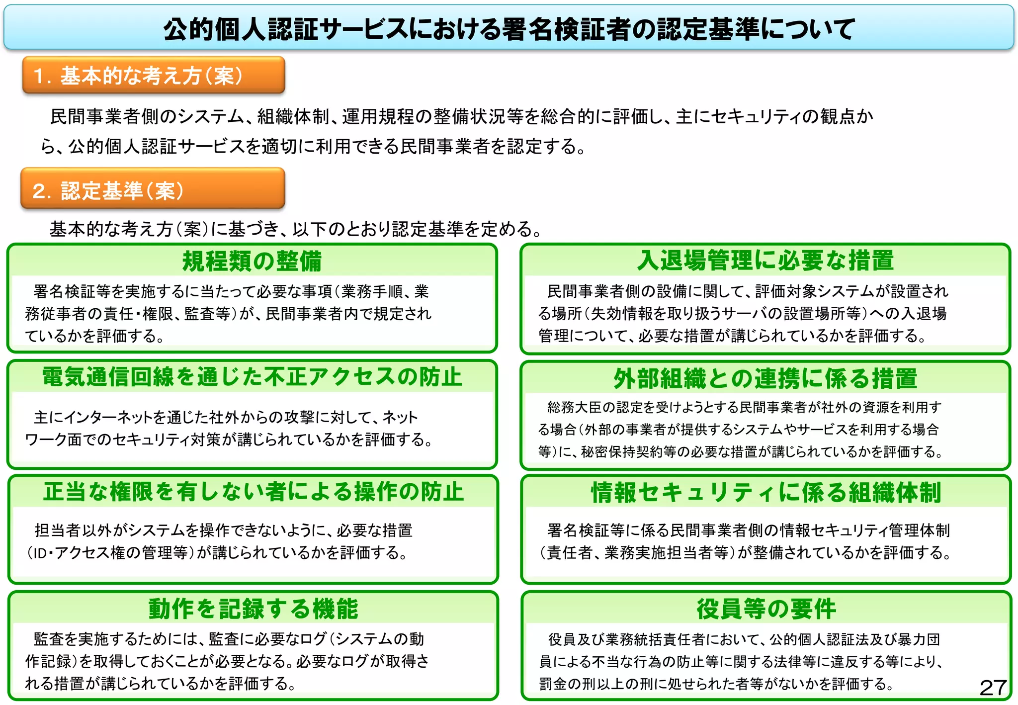公的個人認証サービスにおける署名検証者の認定基準について
１．基本的な考え方（案）
２．認定基準（案）
民間事業者側のシステム、組織体制、運用規程の整備状況等を総合的に評価し、主にセキュリティの観点か
ら、公的個人認証サービスを適切に利用できる民間事業者を認定する。
基本的な考え方（案）に基づき、以下のとおり認定基準を定める。
規程類の整備 入退場管理に必要な措置
電気通信回線を通じた不正アクセスの防止
正当な権限を有しない者による操作の防止
動作を記録する機能
外部組織との連携に係る措置
情報セキュリティに係る組織体制
役員等の要件
署名検証等を実施するに当たって必要な事項（業務手順、業
務従事者の責任・権限、監査等）が、民間事業者内で規定され
ているかを評価する。
主にインターネットを通じた社外からの攻撃に対して、ネット
ワーク面でのセキュリティ対策が講じられているかを評価する。
担当者以外がシステムを操作できないように、必要な措置
（ID・アクセス権の管理等）が講じられているかを評価する。
監査を実施するためには、監査に必要なログ（システムの動
作記録）を取得しておくことが必要となる。必要なログが取得さ
れる措置が講じられているかを評価する。
民間事業者側の設備に関して、評価対象システムが設置され
る場所（失効情報を取り扱うサーバの設置場所等）への入退場
管理について、必要な措置が講じられているかを評価する。
総務大臣の認定を受けようとする民間事業者が社外の資源を利用す
る場合（外部の事業者が提供するシステムやサービスを利用する場合
等）に、秘密保持契約等の必要な措置が講じられているかを評価する。
署名検証等に係る民間事業者側の情報セキュリティ管理体制
（責任者、業務実施担当者等）が整備されているかを評価する。
役員及び業務統括責任者において、公的個人認証法及び暴力団
員による不当な行為の防止等に関する法律等に違反する等により、
罰金の刑以上の刑に処せられた者等がないかを評価する。 27
 