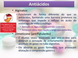• Alginatos
– Funcionam de forma diferente do que os
antiácidos, formando uma barreira protetora no
estômago que impede o refluxo do ácido do
estômago de volta o esôfago.
• Derivado as algas marrons e é não-sistêmico.
• Fornecem alívio mais rápido e longo que antiácidos.
• Dimeticone (antiflatulento)
– É muitas vezes associado aos anti-ácidos para
diminuir a sensação de enfartamento devido ao
acumulo de gases no tubo digestivo.
– Ele absorve os gases formados, que provocam
dilatação e compressão gástrica.
Antiácidos
 