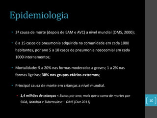 Epidemiologia
• 3ª causa de morte (depois de EAM e AVC) a nível mundial (OMS, 2000);

• 8 a 15 casos de pneumonia adquirida na comunidade em cada 1000
  habitantes, por ano 5 a 10 casos de pneumonia nosocomial em cada
  1000 internamentos;

• Mortalidade: 5 a 20% nas formas moderadas a graves; 1 a 2% nas
  formas ligeiras; 30% nos grupos etários extremos;

• Principal causa de morte em crianças a nível mundial.

  • 1,4 milhões de crianças < 5anos por ano; mais que a soma de mortes por
     SIDA, Malária e Tuberculose – OMS (Out 2011)                            10
 