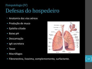 Fisiopatologia (IV)

Defesas do hospedeiro
• Anatomia das vias aéreas
• Produção de muco
• Epitélio ciliado
• Baixo pH
• Descamação
• IgA secretora
• Tosse
• Macrófagos
• Fibronectina, lisozima, complememento, surfactante.   14
 