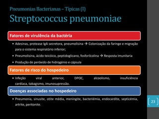 Pneumonias Bacterianas – Típicas (I)

Streptococcus pneumoniae
Fatores de virulência da bactéria
 • Adesinas, protease IgA secretora, pneumolisina  Colonização da faringe e migração
   para o sistema respiratório inferior;
 • Pneumolisina, ácido teicóico, peptidoglicano, fosforilcolina  Resposta Imunitaria
 • Produção de peróxido de hidrogénio e cápsula

Fatores de risco do hospedeiro
 • Infeção         viral      anterior,     DPOC,         alcoolismo,       insuficiência
   cardíaca, tabagismo, imunosupressão.

Doenças associadas no hospedeiro
 • Pneumonia, sinusite, otite média, meningite, bacteriémia, endocardite, septicémia,
                                                                                            23
   artrite, peritonite.
 