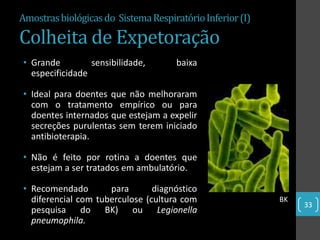 Amostras biológicas do Sistema Respiratório Inferior (I)

Colheita de Expetoração
• Grande         sensibilidade,       baixa
  especificidade

• Ideal para doentes que não melhoraram
  com o tratamento empírico ou para
  doentes internados que estejam a expelir
  secreções purulentas sem terem iniciado
  antibioterapia.

• Não é feito por rotina a doentes que
  estejam a ser tratados em ambulatório.

• Recomendado        para       diagnóstico
  diferencial com tuberculose (cultura com                 BK
                                                                33
  pesquisa do BK) ou Legionella
  pneumophila.
 