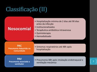 Classificação (II)
                          • Hospitalização mínima de 2 dias até 90 dias
                            antes da infecção
                          • Institucionalizados
Nosocomial                • Terapêutica antibiótica intravenosa
                          • Quimioterapia
                          • Hemodialisado


         PAC              • Sintomas respiratórios até 48h após
 Pneumonia Adquirida na     hospitalização
      Comunidade


         PAV              • Pneumonia 48h após intubação endotraqueal e
 Pneumonia associada a      ventilação mecânica                           7
      ventilador
 