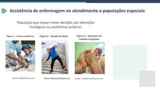 Figura 3 – Gestante em
cuidado hospitalar
Fonte: naphtalina/iStock.com.
Figura 1 – Trauma pediátrico
Fonte: kali9/iStock.com.
Figura 2 – Queda de idoso
Fonte: Nastasic/iStock.com.
Assistência de enfermagem no atendimento a populações especiais
População que requer maior atenção, por alterações
fisiológicas ou anatômicas próprias.
 
