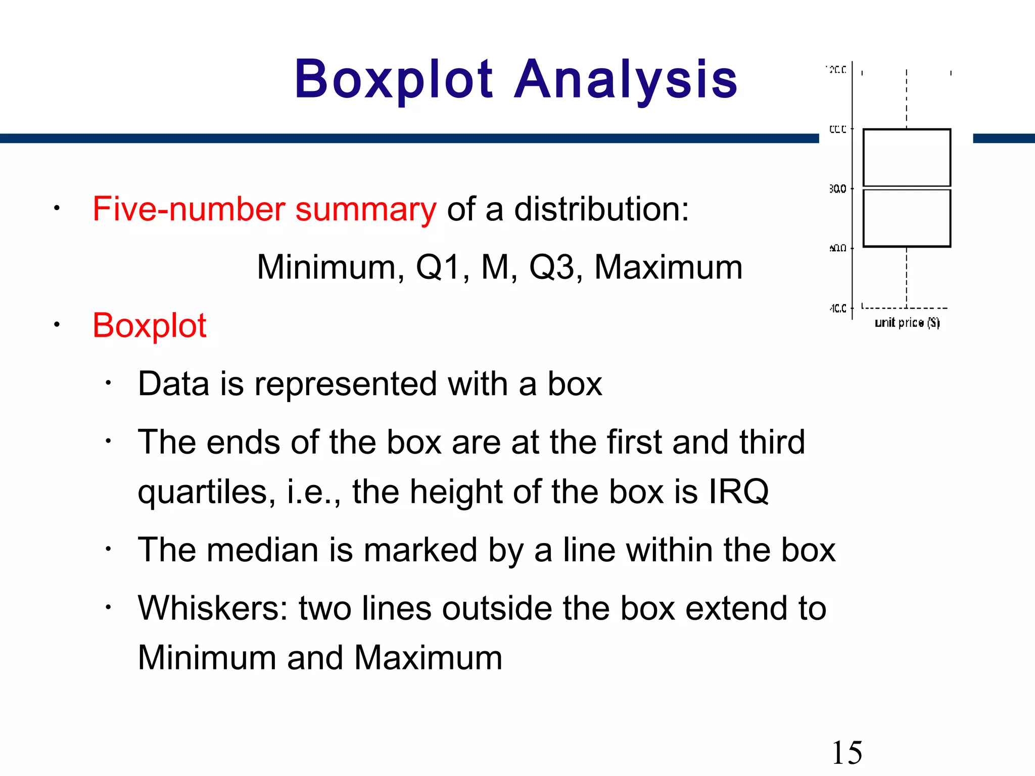 15
Boxplot Analysis
• Five-number summary of a distribution:
Minimum, Q1, M, Q3, Maximum
• Boxplot
• Data is represented with a box
• The ends of the box are at the first and third
quartiles, i.e., the height of the box is IRQ
• The median is marked by a line within the box
• Whiskers: two lines outside the box extend to
Minimum and Maximum
 