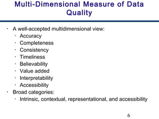 6
Multi-Dimensional Measure of Data
Quality
• A well-accepted multidimensional view:
• Accuracy
• Completeness
• Consistency
• Timeliness
• Believability
• Value added
• Interpretability
• Accessibility
• Broad categories:
• Intrinsic, contextual, representational, and accessibility
 