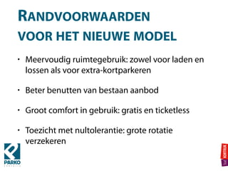 • Meervoudig ruimtegebruik: zowel voor laden en
lossen als voor extra-kortparkeren
• Beter benutten van bestaan aanbod
• Groot comfort in gebruik: gratis en ticketless
• Toezicht met nultolerantie: grote rotatie
verzekeren
RANDVOORWAARDEN 
VOOR HET NIEUWE MODEL
 
