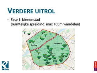 VERDERE UITROL
• Fase 1: binnenstad  
(ruimtelijke spreiding: max 100m wandelen)
Overleie
Stadskern
 