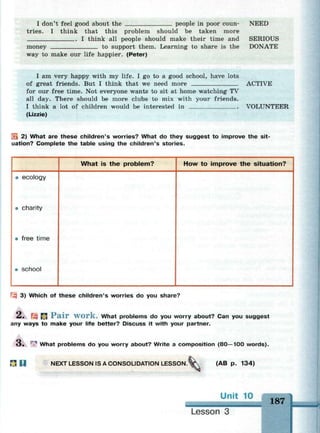 I don't feel good about the people in poor coun- NEED
tries. I think that this problem should be taken more
I think all people should make their time and SERIOUS
money to support them. Learning to share is the DONATE
way to make our life happier. (Peter)
I am very happy with my life. I go to a good school, have lots
of great friends. But I think that we need more ACTIVE
for our free time. Not everyone wants to sit at home watching TV
all day. There should be more clubs to mix with your friends.
I think a lot of children would be interested in VOLUNTEER
(Lizzie)
$, 2) What are these children's worries? What do they suggest to improve the sit­
uation? Complete the table using the children's stories.
• ecology
• charity
# free time
• school
What is the problem? How to improve the situation?
ц 3) Which of these children's worries do you share?
2. Щ И Pair work. What problems do you worry about? Can you suggest
any ways to make your life better? Discuss it with your partner.
«3. ^ What problems do you worry about? Write a composition (80—100 words).
ПП NEXT LESSON IS A CONSOLIDATION LESSON. (AB p. 134)
187
Lesson 3
 
