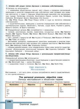 5. Articles with proper names (Артикли с именами собственными).
1) Артикль не используется:
— с названиями общественных зданий, мест отдыха и городских организаций,
имеющими в качестве определения имя собственное (имя человека или назва­
ние местности), а также с главными общественными зданиями или организаци­
ями города: Cambridge University, Buckingham Palace, London Zoo, Salisbury
Cathedral, Birmingham Airport, Manchester City Council.
Ho: the White House, the Royal Palace (white и royal не являются именами
собственными);
— с существительными, имеющими в качестве определения имя собственное в
притяжательном падеже: McDonald's, Harrods, Lloyds Bank, Pushkin's poems,
Nelson's Column, St Basil's Cathedral.
2) Определённый артикль the употребляется с названиями:
— театров, кинотеатров, музеев, памятников, концертных залов: the National
Theatre, the Taganka Theatre, the Odeon, the British Museum, the Albert Hall, the
Wallace Monument;
— мест, зданий с предлогом of: the Houses of Parliament, the Museum of Modern
Art, the Tower of London;
— фестивалей, конкурсов, соревнований, оркестров, имеющими в качестве опре­
деления имя собственное (имя человека или название местности): the Manchester
band, the Aldeburgh Festival, the Tchaikovsky Contest;
— соборов/церквей/храмов, если определением перед ними является существи­
тельное, обозначающее религиозный праздник: the Uspensky Cathedral = the
Assumption Cathedral — Успенский собор.
6 . Articles with unique things (Артикль с уникальными предметами/веща­
ми/объектами).
Определённый артикль the используется:
— с предметами/вещами/объектами, существующими в единственном экземпля­
ре: the Monomakh Cap — шапка Мономаха;
— с названиями планет и полюсов: the Sun, the Moon, the North Pole.
THE PRONOUN
Местоимение
Местоимение — это часть речи, которая употребляется вместо существительно­
го или прилагательного.
The personal pronouns: objective case
Личные местоимения в объектном падеже
Личные местоимения могут использоваться в именительном и объектном падежах.
Nominative
I
you
he
she
it
Objective
me
you
him
her
it
Nominative
we
you
they
Objective
us
you
them
190
Grammar support
 