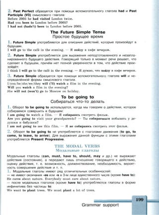 2 . Past Perfect образуется при помощи вспомогательного глагола had и Past
Participle (V3) смыслового глагола:
Before 2005 he had visited London twice.
Had you been to London before 2005?
I had not (hadn't) been to London before 2005.
The Future Simple Tense
Простое будущее время
1 . Future Simple употребляется для описания действий, которые произойдут в
будущем.
I will go to the cafe in the evening. — Я пойду в кафе вечером.
2 . Future Simple употребляется для выражения неподготовленного и незапла­
нированного будущего действия. Говорящий только в момент речи решает, что
сделает в будущем, причём нет полной уверенности в том, что действие прои­
зойдёт:
I think I will go to the cafe in the evening. — Я думаю, что пойду в кафе вечером.
3 . Future Simple образуется при помощи вспомогательного глагола will и не­
определённой формы смыслового глагола.
I/you/he/she/we/they will ('11) watch a film in the evening.
Will you watch a film in the evening?
She will not (won't) go to Moscow on holiday.
To be going to
Собираться что-то делать
1 . Оборот to be going to используется, когда мы говорим о действии, которое
собираемся совершить в будущем:
I am going to watch a film. — Я собираюсь смотреть фильм.
Are you going to visit your grandparents? — Ты собираешься побывать у де­
душки и бабушки?
I am not going to see this film. — Я не собираюсь смотреть этот фильм.
2 . Оборот to be going to не употребляется с глаголами движения (to go, to
come, to leave, to arrive). Для выражения данной функции с этими глаголами
употребляется Present Progressive.
THE MODAL VERBS
Модальные глаголы
Модальные глаголы (can, must, have to, should, may и др.) не выражают
действия (состояния), а передают лишь отношение говорящего к действию,
оценку действия, т. е. возможность, долженствование, необходимость, вероят­
ность совершения действия и т. п.
1 . Модальные глаголы имеют ряд отличительных особенностей:
— не имеют окончания -es или -s в 3-м лице единственного числа (кроме have to):
Не cares about nature. Everybody must care about nature.
— после модальных глаголов (кроме have to) употребляются глаголы в форме
инфинитива без частицы to:
We want to plant trees. We must plant a lot of trees.
199
Grammar support
 