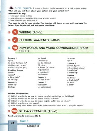 Z . O r a l r e p o r t . A group of foreign pupils has come on a visit to your school.
What will you tell them about your school and your school life?
Remember to say:
• what your school is like;
• what after-school activities there are at your school;
• what activities you take part in.
You have to talk for one minute. The teacher will listen to you until you have fin-
ished. Then he/she will ask you some questions.
WRITING (AB-IV)
CULTURAL AWARENESS (AB-V)
NEW WORDS AND WORD COMBINATIONS FROM
UNIT 1
Lesson 1
again*
to look forward to*
sightseeing (to go~)
sunbathing (to go~)
Reading lesson
chess*
drama*
a field trip*
an outing*
Lesson 3
assembly
Biology
by heart
Chemistry
to do without
Physics
a waste (of time)
registration
a timetable*
to discover
Lesson 4
to mix with*
Lesson 5
excellent*
to understand
to mean
quite
Lesson 6
according to*
a boarding school*
knowledge*
a meeting*
Reader
to float*
a highlight*
to miss*
a raft*
Answer the questions.
1) Which words do we use to name people's activities on holidays?
2) Which words do we use to name school subjects?
3) Which words do we use to name pupils' activities at school?
4) Which words can you guess?
5) How many new words and word combinations from Unit 1 do you know?
SI Щ > SE1 F-ASSFSRMFNT (AB-VI]
Read Learning to learn note No 8.
24
Unit 1
Lesson 8
 