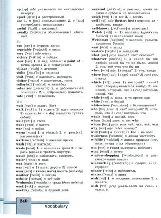 up [лр] adv указывает на нахождение
наверху
upset [Ap'set] а расстроенный
use 1. п [ju:s] использование 2. v [ju.z]
употреблять, использовать
useful ['ju:sfl] а полезный
usually ['jugush] а обыкновенный, обыч­
ный
Vv
van [Veen] n фургон; вагон
vegetable [Vec^tebl] n овощ
very ['ven] adv очень
victory ['viktsri] n победа
view [yju:] 1. n вид, пейзаж; a point of -
точка зрения 2. v осматривать
village ['vilicfe] n деревня
violin Lvaia'lin] n скрипка
visit ['vizit] v навещать, посещать
visitor [Vizita] n посетитель, гость
volleyball ['vniibo:!] n волейбол
volunteer [,vDlan'ti3] 1. n добровольный
помощник 2. и добровольно помогать
vote [vaut] v голосовать
Ww
wait [weit] v ждать (for)
walk [wD.k] v 1) ходить 2) идти пешком
3) гулять; to ~ a dog выводить гулять
собаку
wall [wo:I] n стена
want [wont] v хотеть
war [wo:] n война
warm [wo:m] 1. а тёплый 2. v греть(ся),
нагревать(ся)
wartime ['wortaim] n военное время
wash [wof] v мыть(ся)
waste [weist] 1. n излишняя трата 2. v те­
рять {время)', тратить впустую
watch [wDtQ v наблюдать, смотреть
water ['wate] п вода
wax [waeks] n воск
way [wei] n 1) путь; дорога 2) способ
wear [wea] v (wore; worn) носить {одежду)
weather ['weda] n погода
website ['websait] n веб-сайт
Wednesday ['wenzdei] n среда {день недели)
week [wi:k] n неделя
weekday ['wi.kdei] n будний день
weekend [,wi:k'end] n уик-энд, время от­
дыха с субботы до понедельника
weigh [wei] 1. п вес 2. v весить
well [wei] adv (better; best) хорошо; as -
вдобавок, также
well-known [,wei'n9un] а известный
Welsh [welj] n 1) валлиец {уроженец
Уэльса) 2) валлийский язык
Welshman ['weljrnan] n валлиец, уэльсец,
уроженец Уэльса
west [west] n запад
western ['westsn] а западный
what [wot] pron какой? что? сколько?
whatever [wot'eva] 1. а какой бы ни;
любой; какой бы то ни было, любой
2. conj всё что; что бы ни
when [wen] adv 1) когда? 2) conj когда
where [wes] adv 1) где? куда? 2) conj где,
откуда
which [witf] pron 1) который? какой?
кто? {подразумевается выбор) 2) ка­
ковой, который, что 3) conj который,
какой, что
while [wail] cj пока, в то время как
white [wait] а белый
white-stone ['wait,st3un] а белокаменный
who [hu:] pron I) кто? который? 2) кото­
рый, кто 3) conj который, кто
whole [haul] а целый, весь
whom [hu:m] косе. п. от who
whose [hir.z] pron poss чей, чья, чьё, чьи
why [wai] adv inter почему?
wild [waild] а дикий; in the ~ на воле
wilderness ['wildams] n дикая местность
wildlife ['waildlaif] n живая природа {лес,
поле, океан и их обитатели)
win [win] v (won) выиграть; победить
wind [wind] n ветер
window-shopping ['wmdsujbpin] n рас­
сматривание витрин
windsurfing ['wmds3:fin] n спорт, винд­
сёрфинг
winner ['wins] n победитель
winter ['winte] n зима
wish [wi[] 1. n желание, пожелание 2. t
желать
with [wid] prep указывает на связь с
чем-л. с
240 , _ ш и и ^ ^
Vocabulary
 