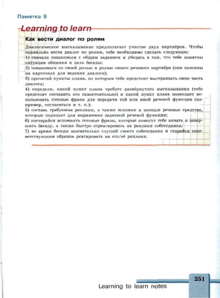 Памятка 9
Learning to learn-
Как вести диалог по ролям
Диалогическое высказывание предполагает участие двух партнёров. Чтобы
правильно вести диалог по ролям, тебе необходимо сделать следующее:
1) сначала ознакомься с общим заданием и убедись в том, что тебе понятны
ситуация общения и цель беседы;
2) ознакомься со своей ролью и ролью своего речевого партнёра (они описаны
на карточках для ведения диалога);
3) прочитай пункты плана, по которым тебе предстоит выстраивать свою часть
диалога;
4) определи, какой пункт плана требует развёрнутого высказывания (тебе
предстоит составить его самостоятельно) и какой пункт плана позволяет ис­
пользовать готовые фразы для передачи той или иной речевой функции (на­
пример, согласиться и т. п.);
5) составь требуемые реплики, а также вспомни и запиши речевые средства,
которые подходят для выражения заданной речевой функции;
6) постарайся вспомнить готовые фразы, которые помогут тебе начать и завер­
шить беседу, а также быстро отреагировать на реплики собеседника;
7) во время беседы внимательно слушай своего собеседника и старайся соот­
ветствующим образом реагировать на его/её реплики.
251
Learning to learn notes
 