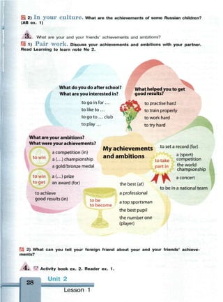 & 2) I n y o u r C u l t u r e . What are the achievements of some Russian children?
(AB ex. 1)
O . What are your and your friends' achievements and ambitions?
r-3 1) 1 a i r w o r k . Discuss your achievements and ambitions with your partner.
Read Learning to learn note No 2.
What do you do after school?
What are you interested in?
What helped you to get
good results?
to go in for...
to like to ...
to go to ... club
to play...
1<$В*
^ j. Al
II to practise hard
9 to train properly
to work hard
to try hard
What are your ambitions?
What were your achievements?
to win
to win
to get
a competition (in)
a (...) championship
a gold/bronze medal
a (...) prize
an award (for)
My achievements
and ambitions
to set a record (for)
to achieve
good results (in) to be
to become
the best (at)
a professional
a top sportsman
the best pupil
the number one
(player)
to take
part in
4Ь
a (sport)
competition
the world
championship
a concert
to be in a national team
| 2) What can you tell your foreign friend about your and your friends' achieve­
ments?
• ^ Activity book ex. 2. Reader ex. 1.
Unit 2
28
Lesson 1
 