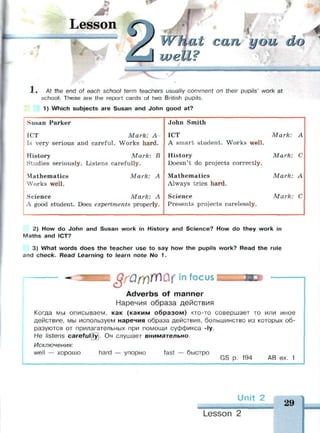 •
4
Lesson
{ м м и н и м ш а н м
Wf§at can you do
well?
1 , At the end of each school term teachers usually comment on their pupils' work at
school. These are the report cards of two British pupils.
1) Which subjects are Susan and John good at?
Susan Parker
ICT Mark: A-
Is very serious and careful. Works hard.
History Mark: В
Studies seriously. Listens carefully.
Mathematics Mark: A
Works well.
Science Mark: A
A good student. Does experiments properly.
John Smith
ICT
A smart student. Works well.
History
Doesn't do projects correctly.
Mathematics
Always tries hard.
Science
Presents projects carelessly.
Mark: A
Mark: С
Mark: A
Mark: С
2) How do John and Susan work in History and Science? How do they work in
Maths and ICT?
3) What words does the teacher use to say how the pupils work? Read the rule
and check. Read Learning to learn note No 1.
ЯГ0ГУ)ТП&1in f o c u s
Adverbs of manner
Наречия образа действия
Когда мы описываем, как (каким образом) кто-то совершает то или иное
действие, мы используем наречия образа действия, большинство из которых об­
разуются от прилагательных при помощи суффикса -ly.
Не listens careful fly). Он слушает внимательно.
Исключения:
well — хорошо hard — упорно fast — быстро
GS р. 194 АВ ex. 1
29
Lesson 2
 