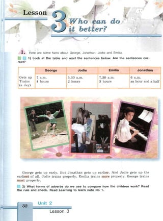 Lesson 3
I 4L
• ^ Who fan do
' ™ it better?
l.
Here are some facts about George, Jonathan, Jodie and Emilia.
1) Look at the table and read the sentences below. Are the sentences cor-
rect?
George Jodie Emilia
Gets up j 7 a.m.
Trains ;4 hours
(a day)
5.30 a.m.
2 hours
7.30 a.m.
3 hours
Jonathan
6 a.m.
an hour and a half
George gets up early. But Jonathan gets up earlier. And Jodie gets up the
earliest of all. Jodie trains properly. Emilia trains more properly. George trains
most properly.
2) What forms of adverbs do we use to compare how the children work? Read
the rule and check. Read Learning to learn note No 1.
32
Unit 2
Lesson 3
 