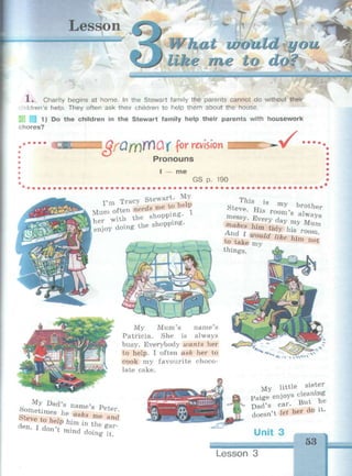 " Ч ~
Lesson
и в — — — ш е и ш и и т миHI» и»1
What would той
like me to d
1 . Charity begins at home. In the Stewart family the parents cannot do without their
;hildren's help. They often ask their children to help them about the house.
® 1) Do the children in the Stewart family help their parents with housework
chores?
I QfQfYJIpnClX f°r
revision V-
Pronouns
— me
GS p. 190
r m Tracy Stewart. МУ
M u m often need, me to help
her with the Bhoppine-
e£„y doing the shoppmg-
SteriS
HiS my brot
«er
""*' K I TMum
And r y hls r
°°m
thing's.
Q-
My Mum's name's
Patricia. She is always
busy. Everybody wants her
to help. I often ask her to
cook my favourite choco-
late cake.
4». i VTNN>4 N
My Dad's name's PP+0
Sometimes he ask, «, '
s t
eve to hplnt- m e a n d
1 d o n t
mind doing- it.
M y little sister
Paige enjoys cleaning
Dai's car But he
doesn't let her do it.
Unit 3
53
Lesson 3
 