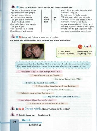 Л, What do you think about
I've got a brother/a sister
My classmates are people
I've got some friends
My parents are people
I've got some problems
I like reading books
Our neighbours are people
I've got a pet
The Internet is a thing
Sometimes I get marks
people and things around you?
would like to make friends with.
can/can't rely on.
do not want to talk about.
who we fall out over with my parents.
which I can/can't share my secrets with.
that can/can't turn to for help.
am/are (never/always) bored with.
make(s) my/our parents feel upset.
(don't) like to get together with.
can learn something new from.
3* Щ Laura and Phil are a sister and a brother.
Are Laura and Phil friends? What do they say about each other?
ixicL/-^
a new thing
a wrong number
something new
anything wrong
Laura says that her brother Phil is a person who she is never bored with.
Phil says that his sister Laura is a person who he can always rely on.
I can learn a lot of new things from him.
I can always rely on Laura.
I'm never bored with Phil.
I can't do without my sister.
I like getting together with my brother.
I get on well with Laura.
I always turn to him for help.
I try not to fall out with Laura.
I am always there for my brother.
I can share all my secrets with her.
4 . U SI Щ G r o u p w o r k . Game "Letters to the editor".
Q. | Activity book ex. 1. Reader ex. 2.
Unit 5
90
Lesson 3
 