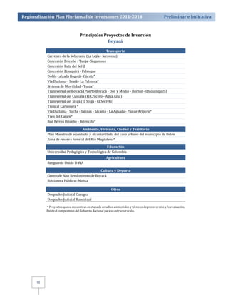 Regionalización Plan Plurianual de Inversiones 2011­2014 
Preliminar e Indicativa 
90 
Principales Proyectos de Inversión 
Boyacá 
Transporte 
Carretera de la Soberanía (La Lejía ‐ Saravena) 
Concesión Briceño ‐ Tunja ‐ Sogamoso 
Concesión Ruta del Sol 2 
Concesión Zipaquirá ‐ Palenque 
Doble calzada Bogotá ‐ Cúcuta* 
Vía Duitama ‐ Soatá ‐ La Palmera* 
Sistema de Movilidad ‐ Tunja* 
Transversal de Boyacá (Puerto Boyacá ‐ Dos y Medio ‐ Borbur ‐ Chiquinquirá) 
Transversal del Cusiana (El Crucero ‐ Agua Azul) 
Transversal del Sisga (El Sisga ‐ El Secreto) 
Troncal Carbonera * 
Vía Duitama ‐ Socha ‐ Salinas ‐ Sácama ‐ La Aguada ‐ Paz de Ariporo* 
Tren del Carare* 
Red Férrea Briceño ‐ Belencito* 
Ambiente, Vivienda, Ciudad y Territorio 
Plan Maestro de acueducto y alcantarillado del caso urbano del municipio de Belén 
Zona de reserva forestal del Río Magdalena* 
Educación 
Universidad Pedagógica y Tecnológica de Colombia 
Agricultura 
Resguardo Unido U‐WA 
Cultura y Deporte 
Centro de Alto Rendimiento de Boyacá 
Biblioteca Pública ‐ Nobsa 
Otros 
Despacho Judicial Garagoa 
Despacho Judicial Ramiriquí 
* Proyectos que se encuentran en etapa de estudios ambientales y técnicos de preinversión y/o evaluación. 
Existe el compromiso del Gobierno Nacional para su estructuración. 
 