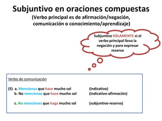 Subjuntivo en oraciones compuestas
(Verbo principal es de afirmación/negación,
comunicación o conocimiento/aprendizaje)
Verbo de comunicación
(5) a. Mencionas que hace mucho sol (indicativo)
b. No mencionas que hace mucho sol (indicativo-afirmación)
c. No mencionas que haga mucho sol (subjuntivo-reserva)
Subjuntivo SOLAMENTE si el
verbo principal lleva la
negación y para expresar
reserva
 