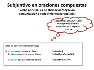 Subjuntivo en oraciones compuestas
(Verbo principal es de afirmación/negación,
comunicación o conocimiento/aprendizaje)
Verbo de conocimiento/aprendizaje
(6) a. Ven que gana mucho dinero (indicativo)
b. No ven que gana mucho dinero (indicativo-afirmación)
c. No ven que gane mucho dinero (subjuntivo-reserva)
Subjuntivo SOLAMENTE si el
verbo principal lleva la
negación y para expresar
reserva
 